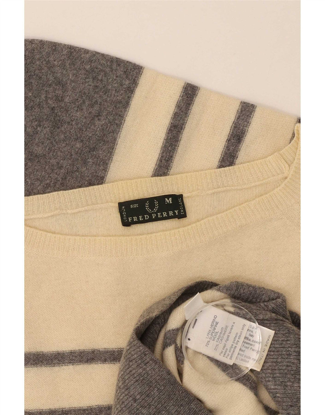 Fred Perry Damen-Pullover mit U-Boot-Ausschnitt, UK 12, mittelbeige, gestreift, Wolle