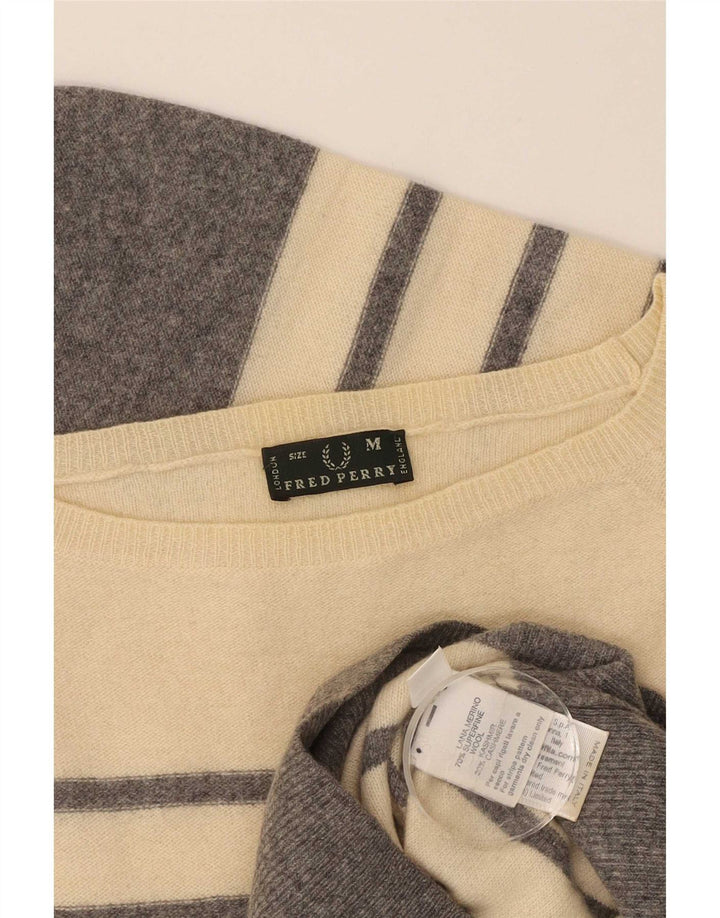 Fred Perry Damen-Pullover mit U-Boot-Ausschnitt, UK 12, mittelbeige, gestreift, Wolle