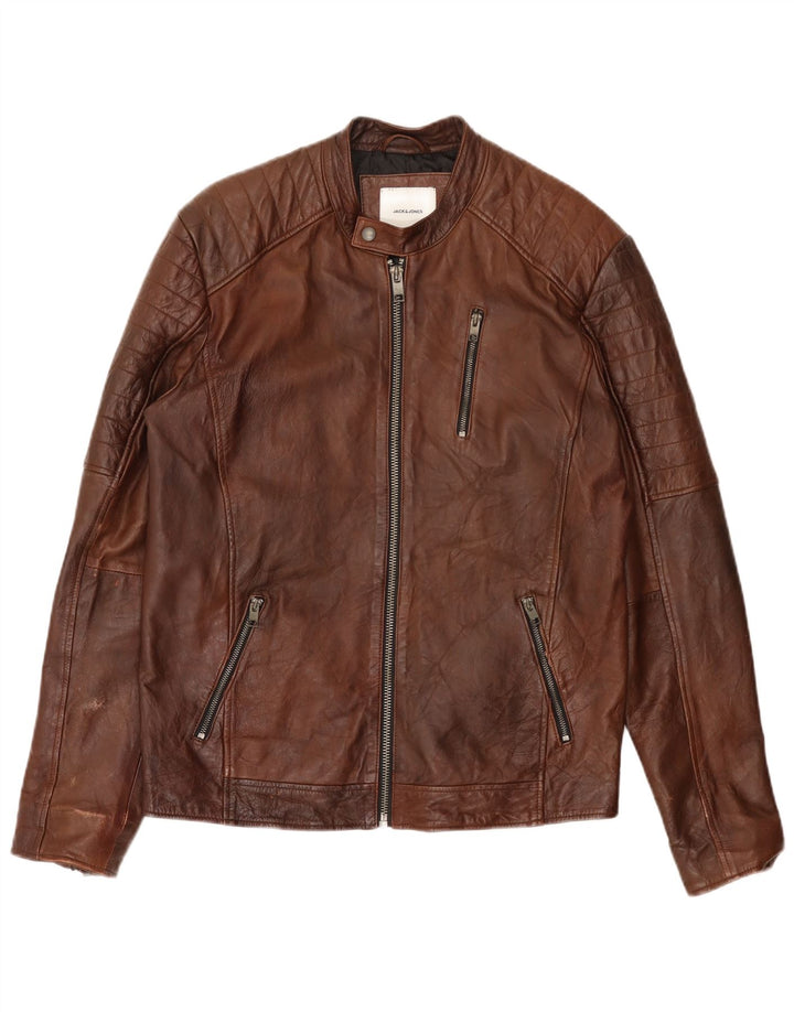 Jack & Jones Herren-Leder-Bikerjacke, Größe 40, großes braunes Leder