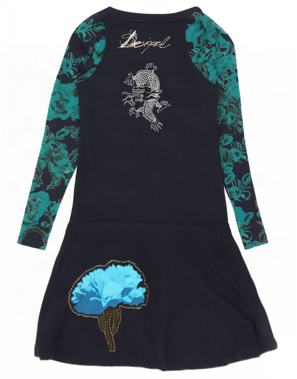 Desigual Damen-Kleid mit langen Ärmeln und tiefer Taille, UK-Größe 12, mittleres Marineblau mit Blumenmuster
