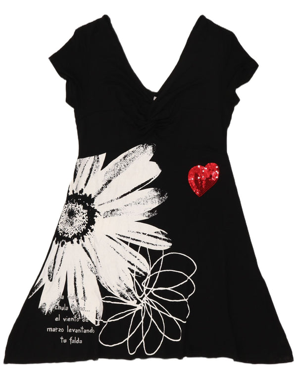 Desigual Damen Grafik-A-Linien-Kleid UK 18 XL Schwarz geblümte Viskose