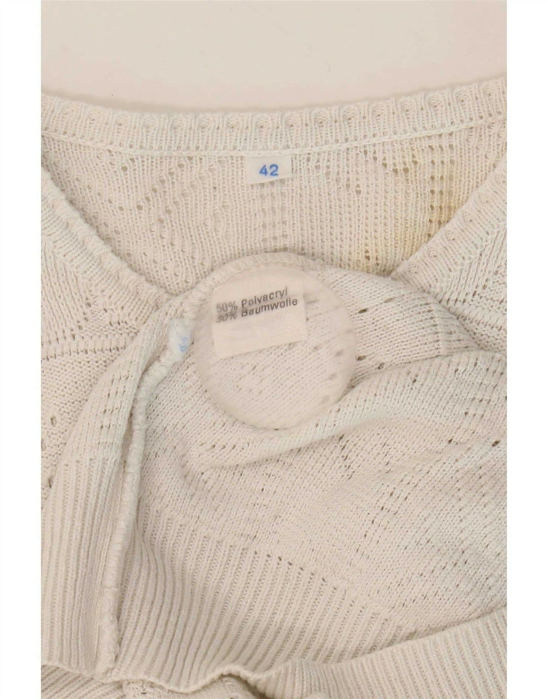Vintage Damen Pullover mit Knopfkragen, IT 42, Mittelweiß, Acryl