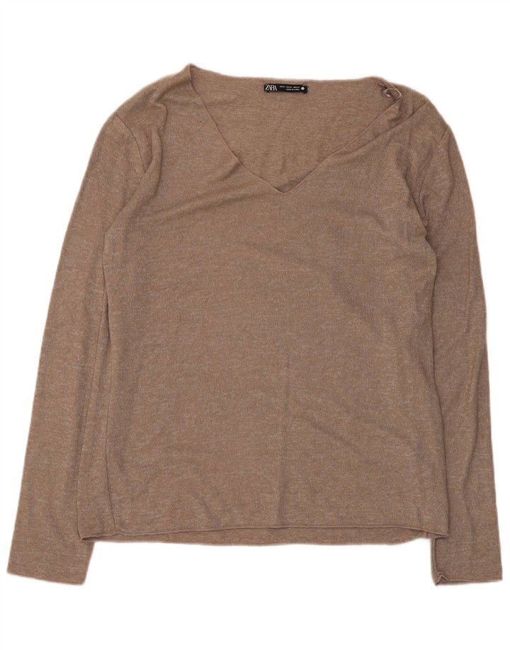 Zara Damen Top Langarm UK 12 Mittelbraune Viskose
