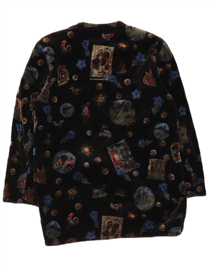 Vintage Damen Grafischer Samtmantel UK 12 Mittelschwarz geblümt