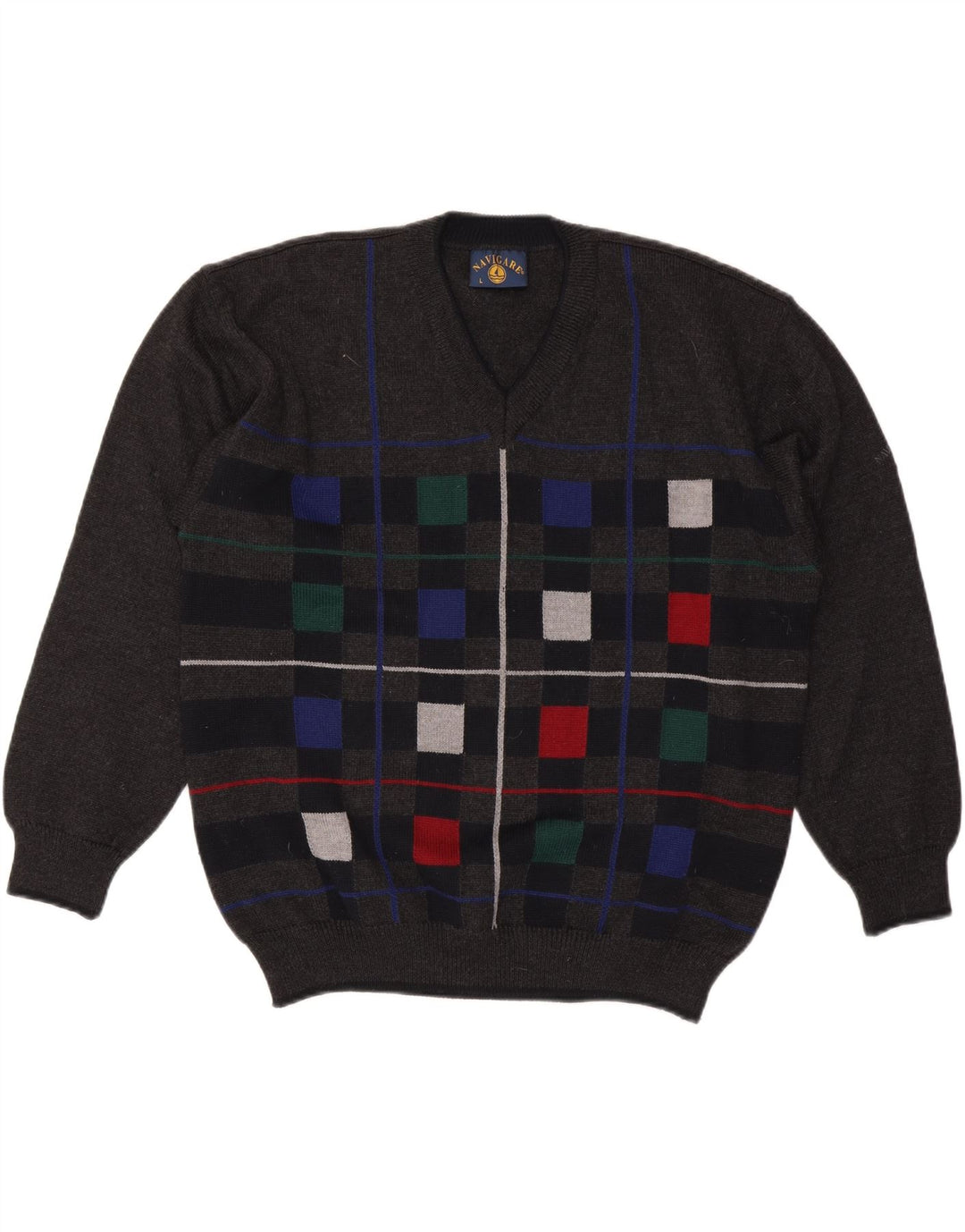 Navigare Herren-Pullover mit V-Ausschnitt, groß, graue, geometrische Wolle