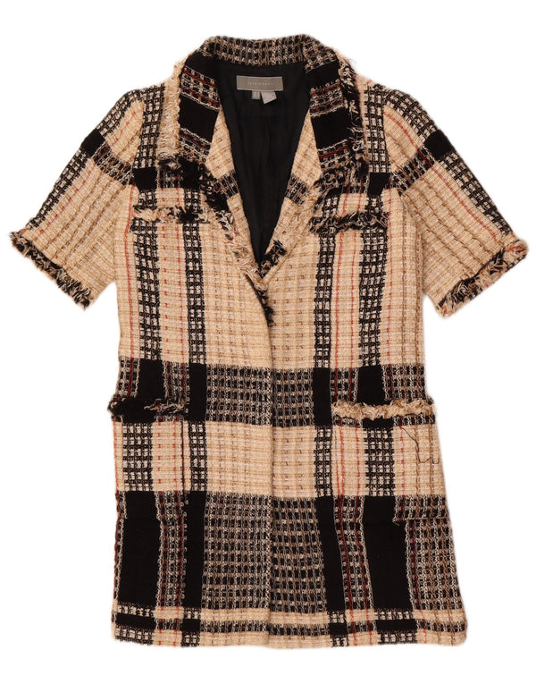 Zara Damen Longline Kurzarm-Blazerjacke UK 12 Mittelbeige kariert