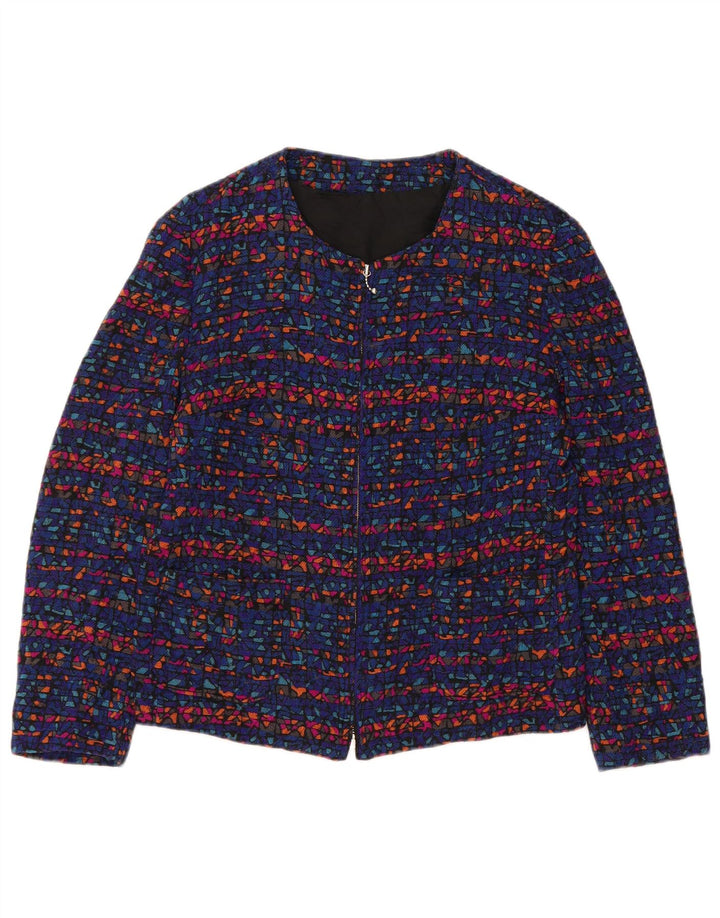 Vintage Damen Blazer mit durchgehendem Reißverschluss, Gr. 8, klein, blau, geometrisch