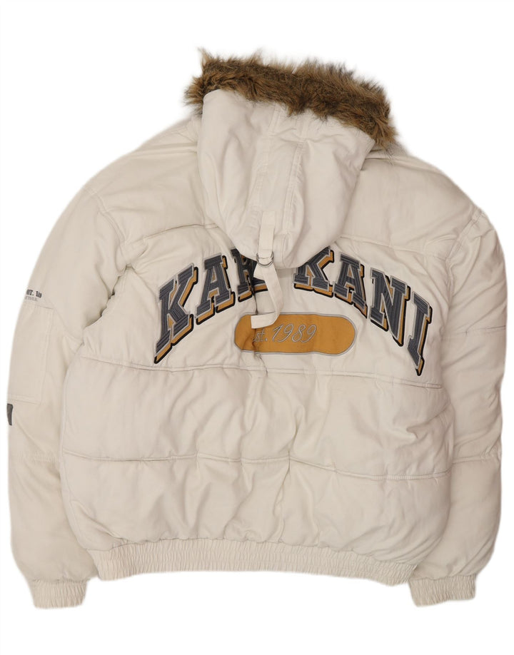 KARL KANI Wattierte Herrenjacke mit grafischer Kapuze, UK 44 2XL, weißes Polyester