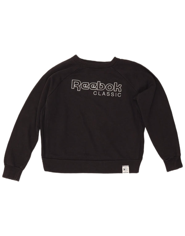 REEBOK Damen Grafik-Sweatshirt-Pullover UK 14 Mittelschwarze Baumwolle