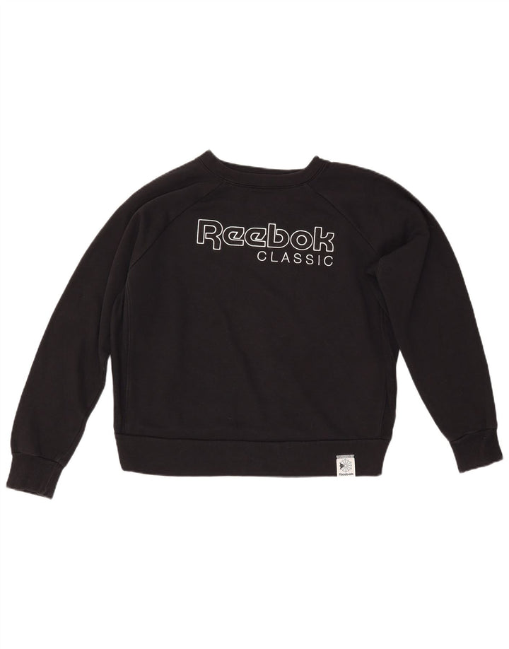 REEBOK Damen Grafik-Sweatshirt-Pullover UK 14 Mittelschwarze Baumwolle