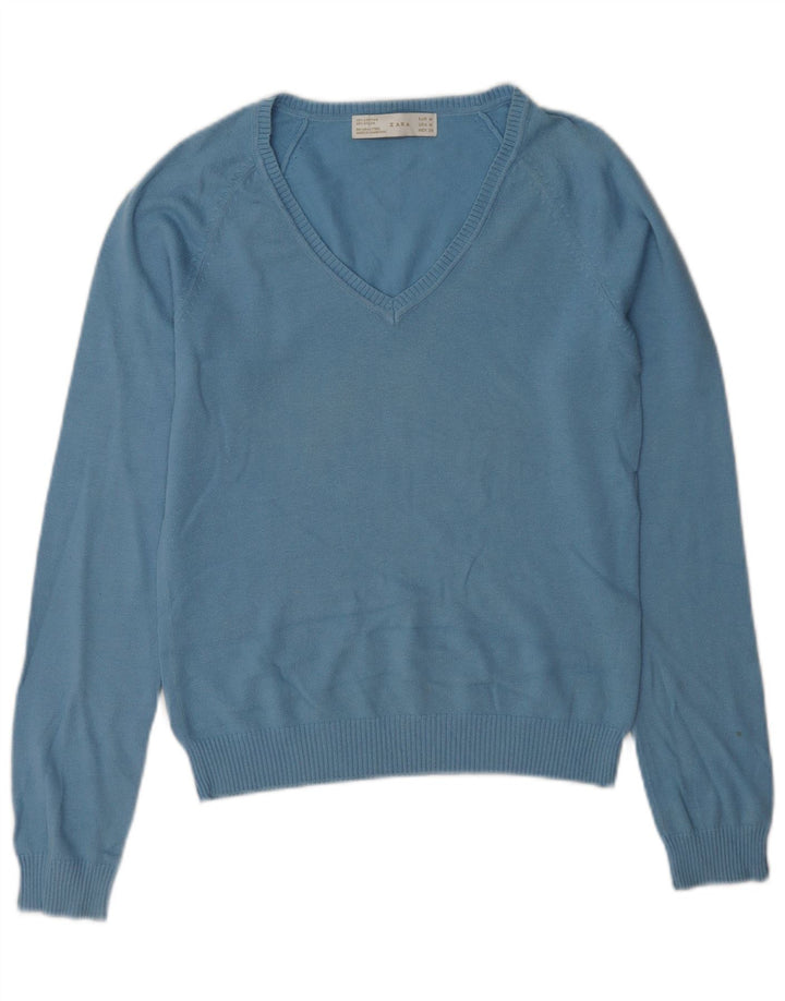 Zara Damen-Pullover mit V-Ausschnitt, UK 12, mittelblaue Baumwolle