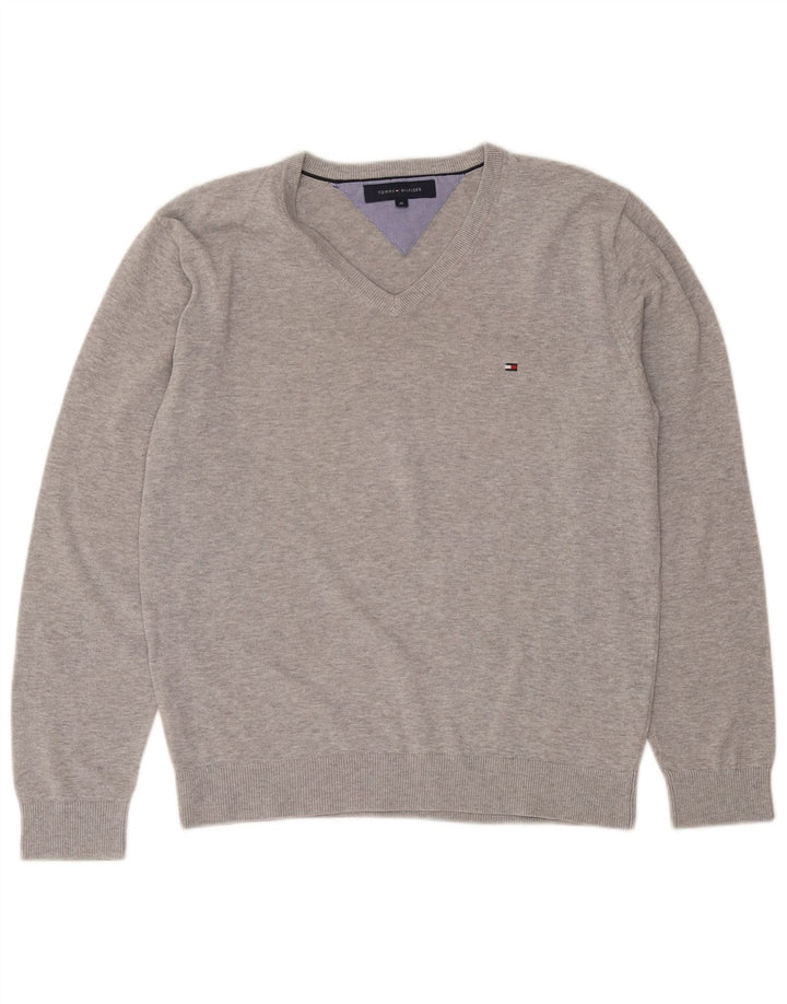 Tommy Hilfiger Herren-Pullover mit V-Ausschnitt aus mittelgrauer Baumwolle
