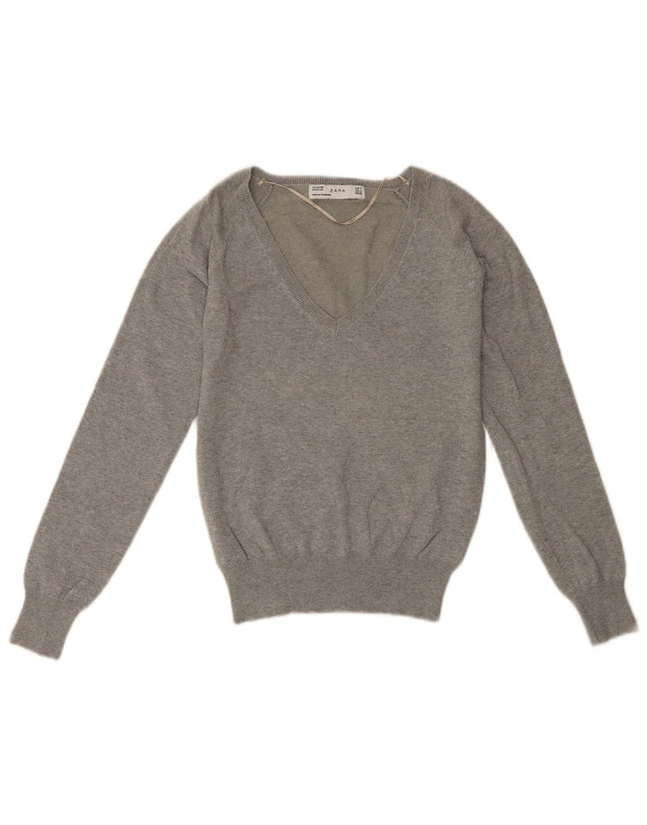 ZARA Damen Crop V-Ausschnitt Pullover Pullover UK 10 Small Grau Baumwolle