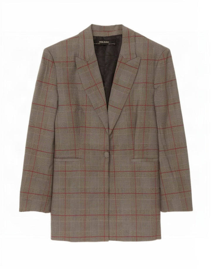 Zara Damen 1-Knopf-Blazerjacke UK 12 Mittelgrau kariertes Polyester