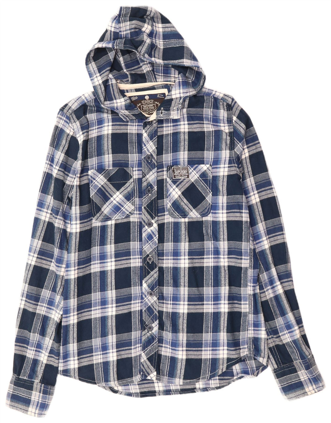 SUPERDRY Herren-Flanellhemd mit Kapuze, mittelblau karierte Baumwolle
