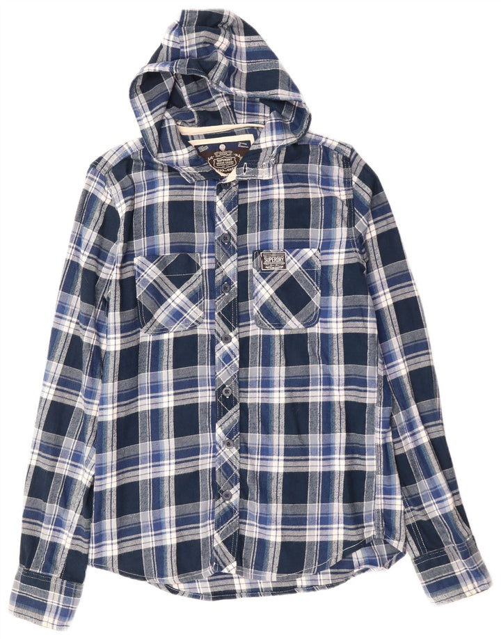SUPERDRY Herren-Flanellhemd mit Kapuze, mittelblau karierte Baumwolle