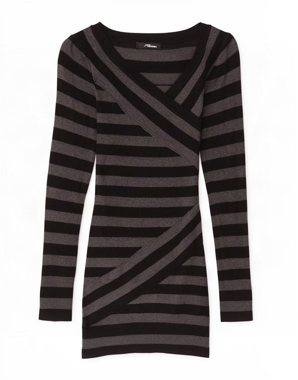 Jane Norman Damen Longline-Pullover mit V-Ausschnitt, Gr. 10, Größe S, grau gestreift