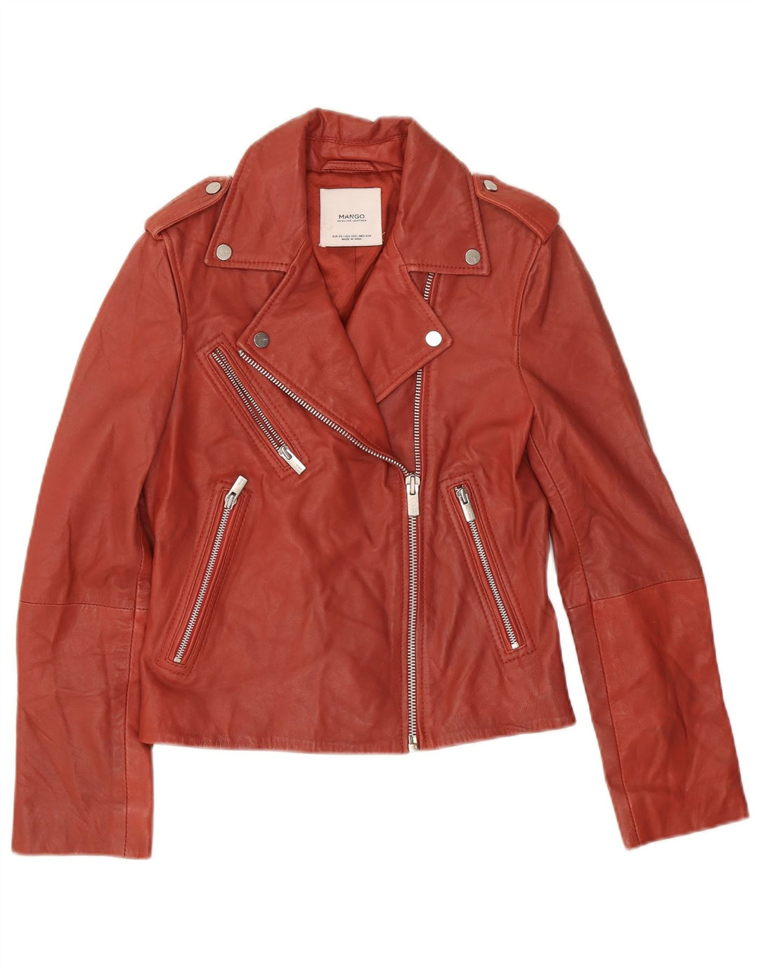 Mango Damen Leder Bikerjacke UK 6 XS Rotes Leder