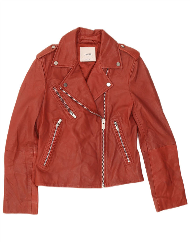 Mango Damen Leder Bikerjacke UK 6 XS Rotes Leder