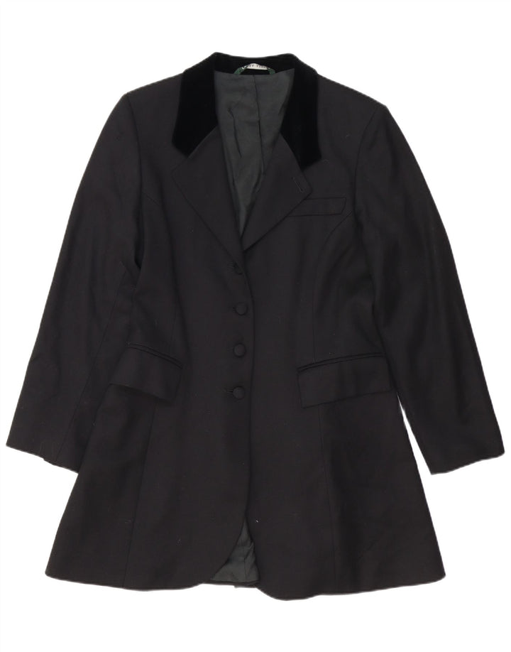 LAURA ASHLEY Damen Longline 4-Knopf-Blazerjacke UK 14 Große schwarze Wolle