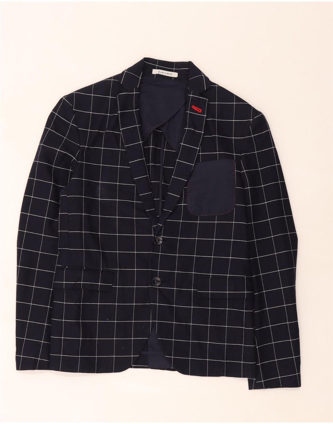 Zara Herren-Blazer mit 2 Knöpfen, EU 46, klein, marineblau, kariert, Baumwolle