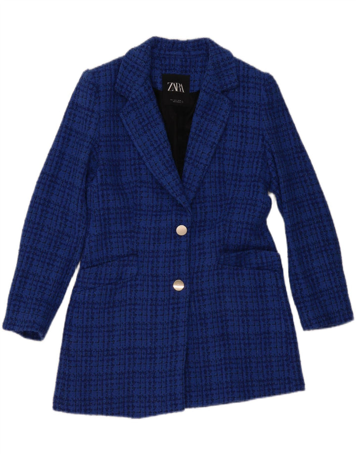Zara Damen-Blazer mit 2 Knöpfen, Gr. 10, klein, blau kariert, Baumwolle