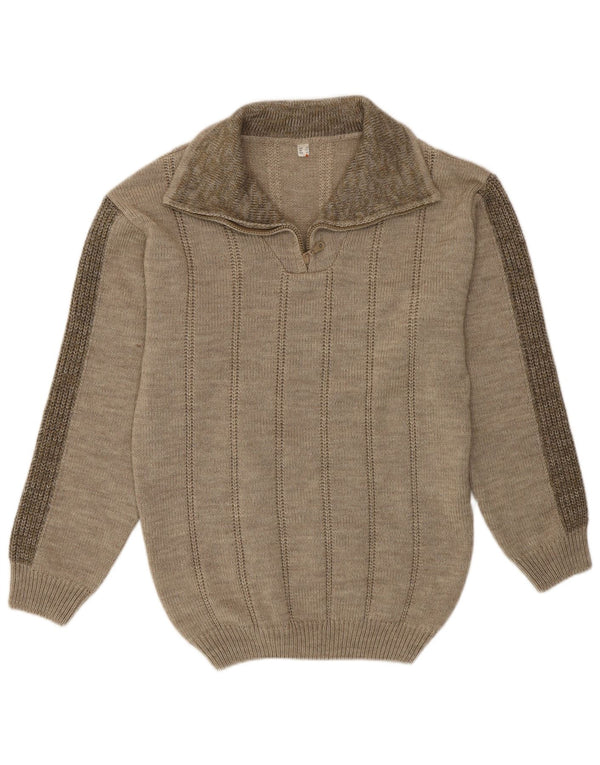 Vintage Herren-Pullover mit Reißverschluss und Halsausschnitt, UK-Größe 38, mittleres Khaki, geflecktes Polyacryl