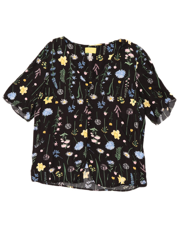 Joules Damen-Kurzarm-Hemdbluse UK 12 Mittelschwarze Viskose mit Blumenmuster