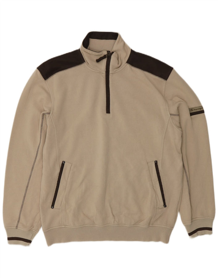 CHAMPION Herren-Sweatshirt mit Reißverschluss am Hals, groß, beige, Colourblock-Baumwolle