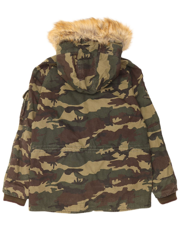 Superdry Mens Hooded Parka Jacket UK 40 Large Khaki Camouflage Cotton