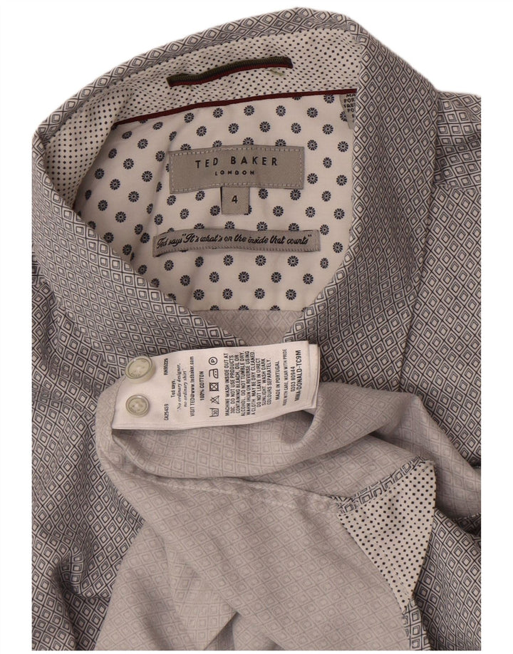 Ted Baker Herren-Kurzarmhemd, Größe 4, groß, graue, geometrische Baumwolle