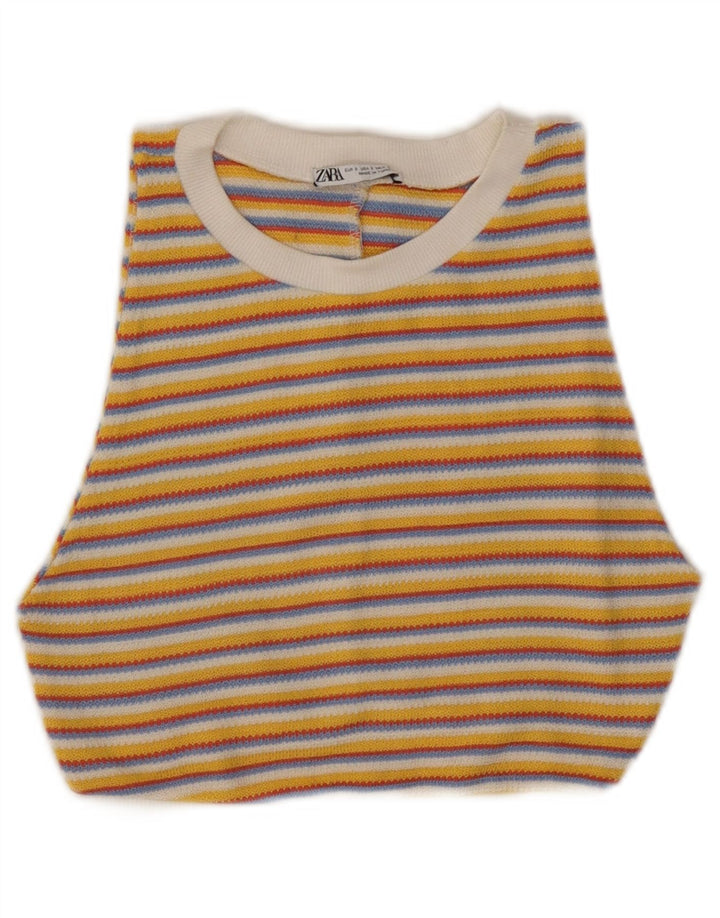 ZARA Damen Strick-Crop-Top UK 8 Small Gelb gestreift