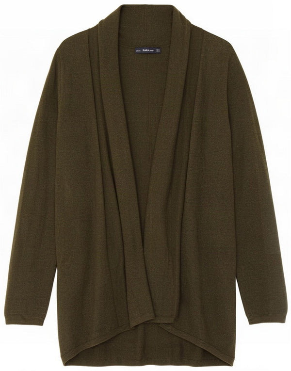 Zara Womens Longline Open Cardigan Sweater UK 14 Large Green