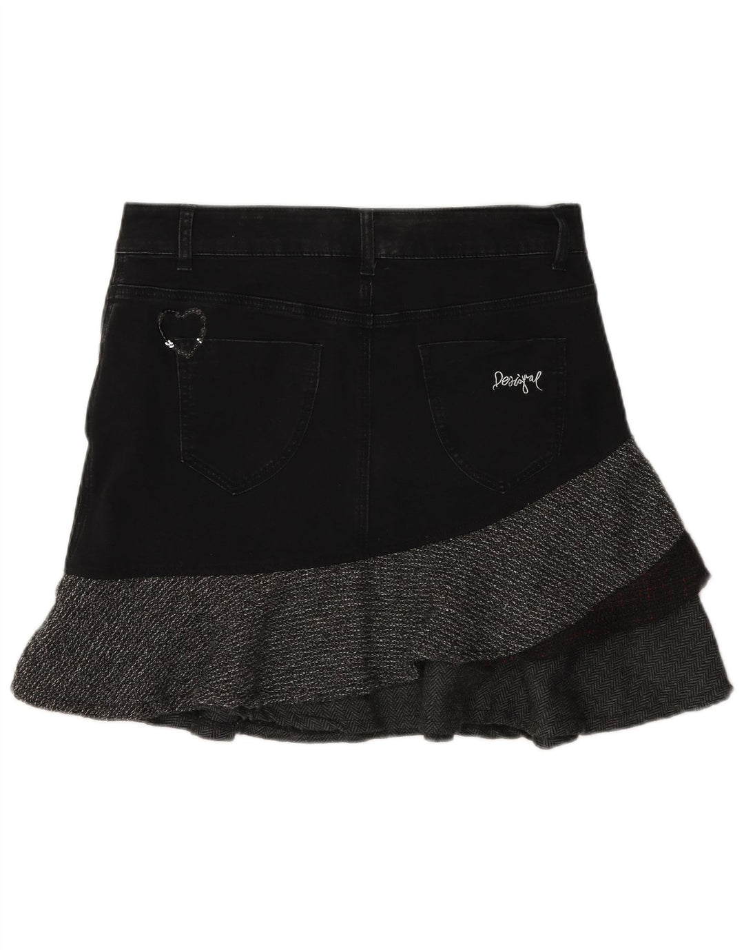 Desigual Damen Asymmetrischer Jeansrock EU 40 Medium W30 Graues Fischgrätenmuster