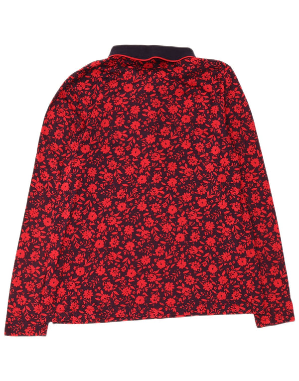 Langärmliges Poloshirt für Damen von Lands End, UK 12, mittelrot, geblümt, Baumwolle