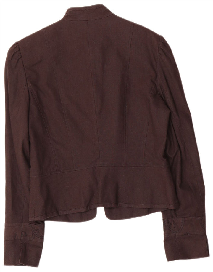 Vintage Damen 5-Knopf-Blazerjacke UK 10 Kleines braunes Blumenleinen