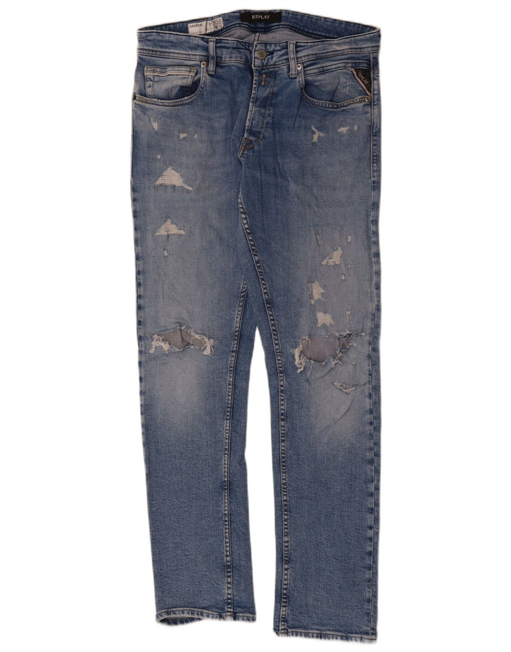 REPLAY Damen Grover Distressed Straight Jeans W31 L32 Blaue Baumwolle