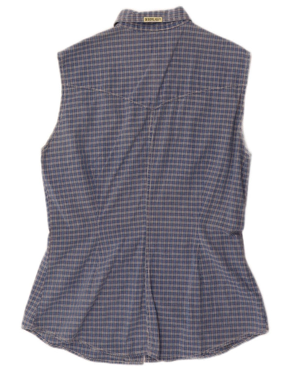 Replay Damen ärmelloses Hemd UK 18 XL blau kariert Baumwolle