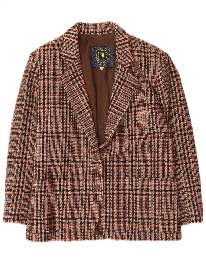 Vintage Damen 2-Knopf-Blazerjacke IT 44 Mittelbraune Hahnentrittwolle