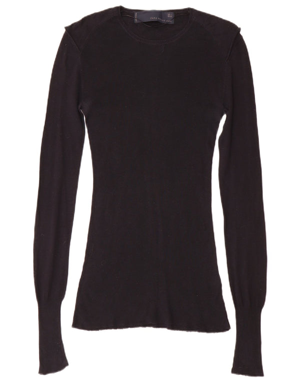 Zara Damen Top Langarm UK 14 Große schwarze Baumwolle