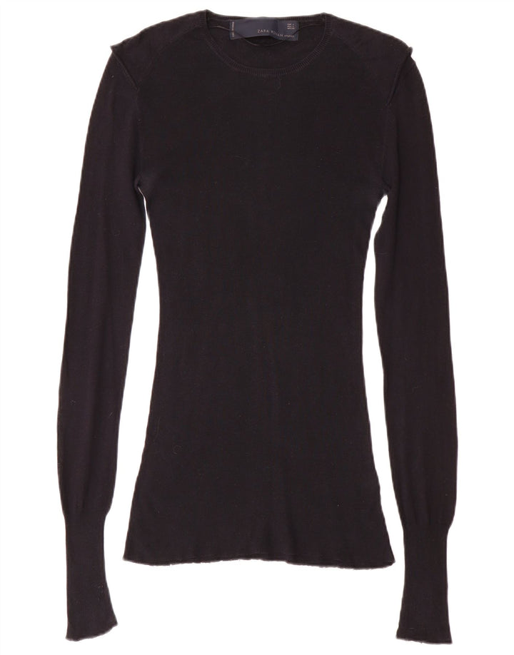 Zara Damen Top Langarm UK 14 Große schwarze Baumwolle