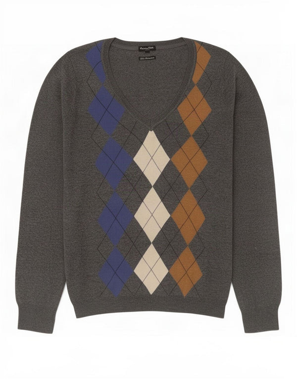 Massimo Dutti Womens V-Neck Jumper Sweater UK 16 Large Grey Argyle/Diamond