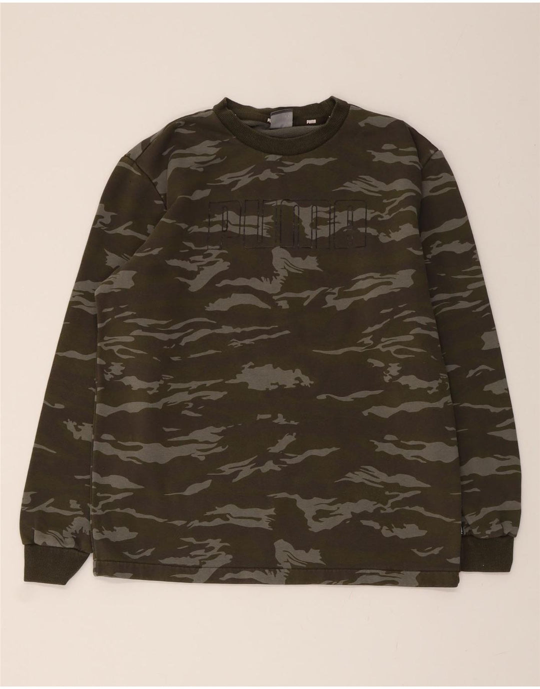 PUMA Mens Graphic Sweatshirt Jumper Medium Green Camouflage Cotton Vintage Puma and Second-Hand Puma from Messina Hembry 