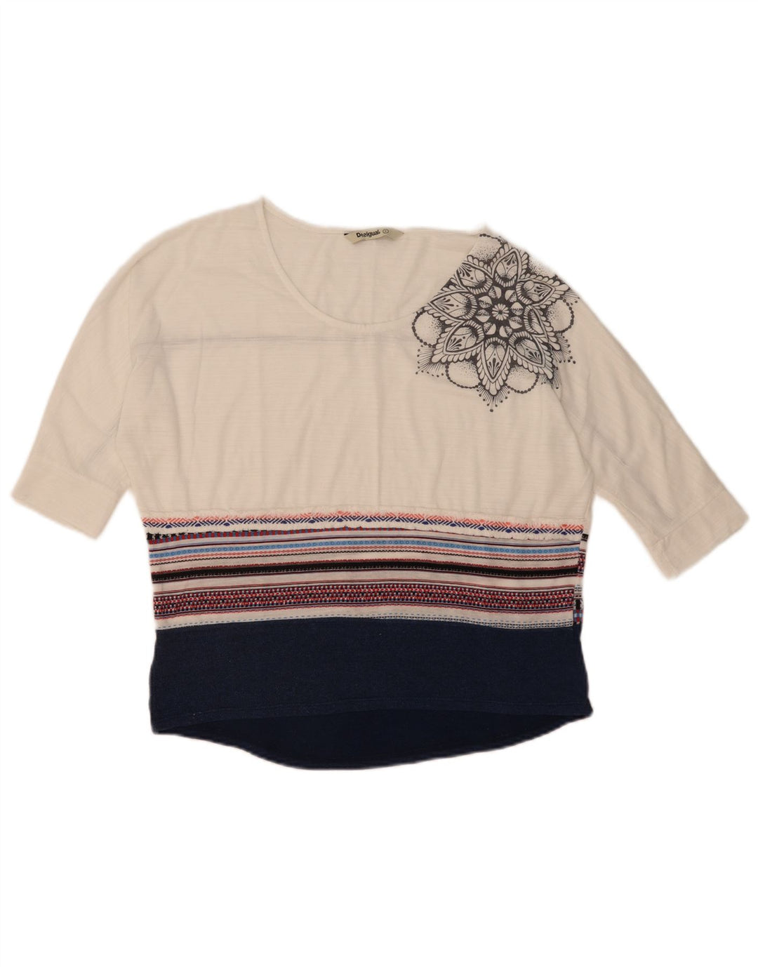 Desigual Damen Grafik-Top mit 3/4-Ärmeln, UK-Größe 10, Größe S, Weiß, Farbblock