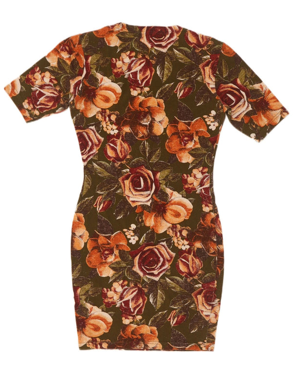 Vintage Damen Figurbetontes Kleid UK 8 Small Khaki Floral Cotton