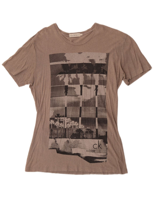 Calvin Klein Jeans Damen Grafik-T-Shirt-Oberteil UK 16 Large Graue Baumwolle