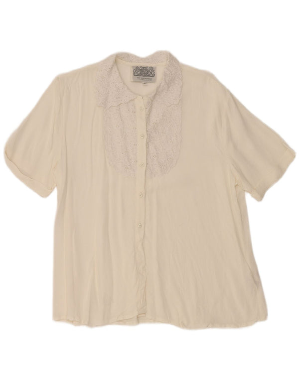 Vintage Damen Kurzarm-Hemdbluse UK 16 Großes weißes Blumenmuster
