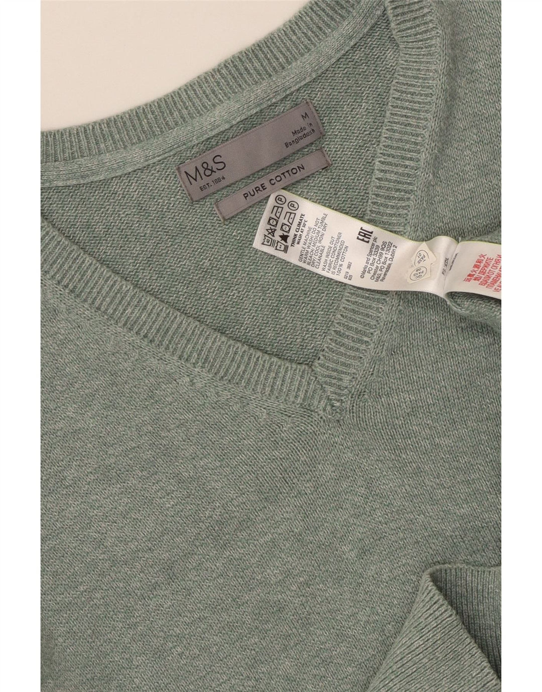 Marks & SPENCER Herren-Pullover mit V-Ausschnitt, mittelgrün gefleckte Baumwolle