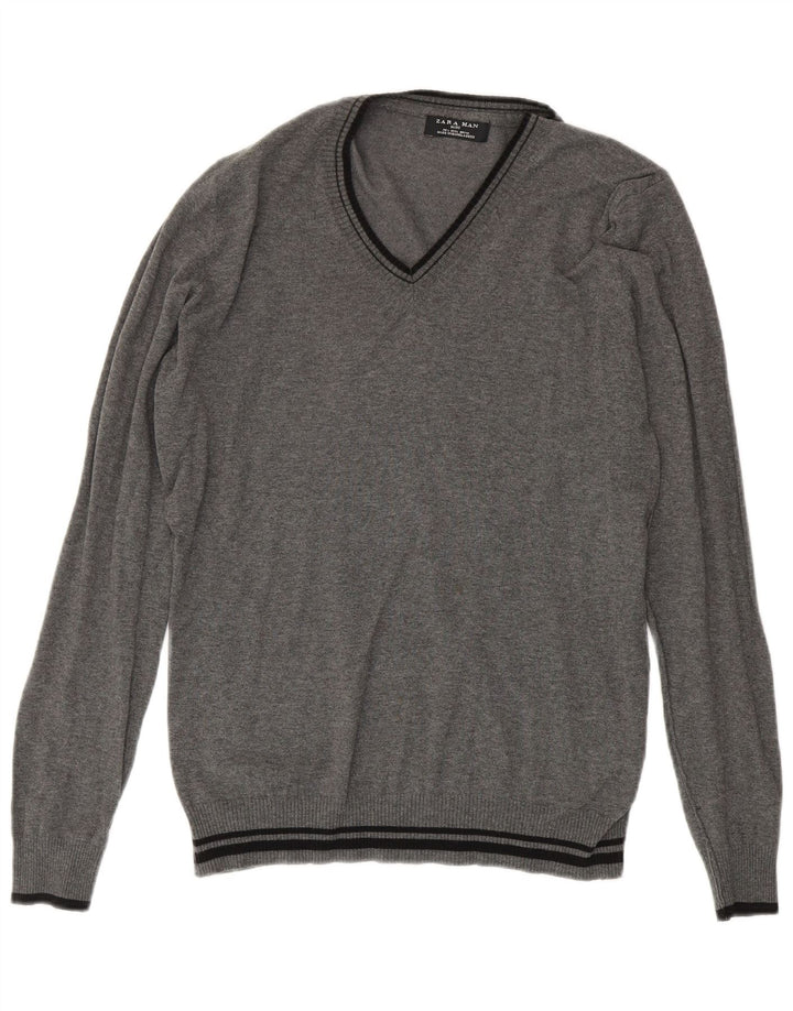Zara Herren-Pullover mit V-Ausschnitt, groß, grau gestreift, Baumwolle