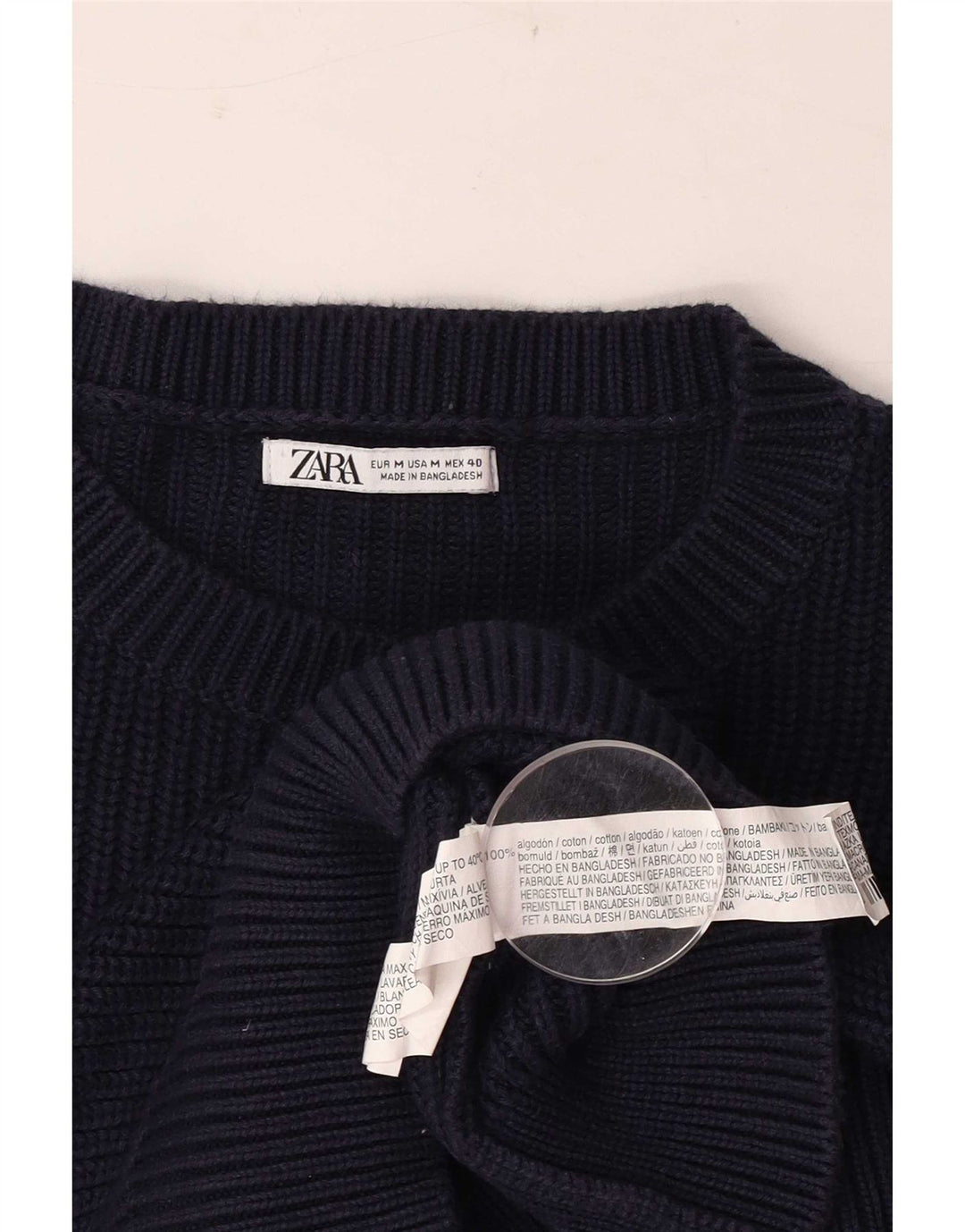 Zara Herren-Pullover mit Rundhalsausschnitt, mittlere marineblaue gestreifte Baumwolle